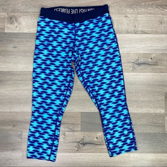 NIKE Relay Print Dri-Fit Capri Running Tights Blue Aqua Medium Fold Over - Picture 3 of 11